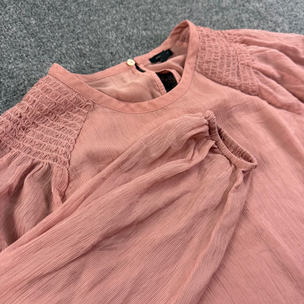 Ann Taylor Blouse Large Pink Smocked Shoulder Sheer Bishop Sleeve Women's